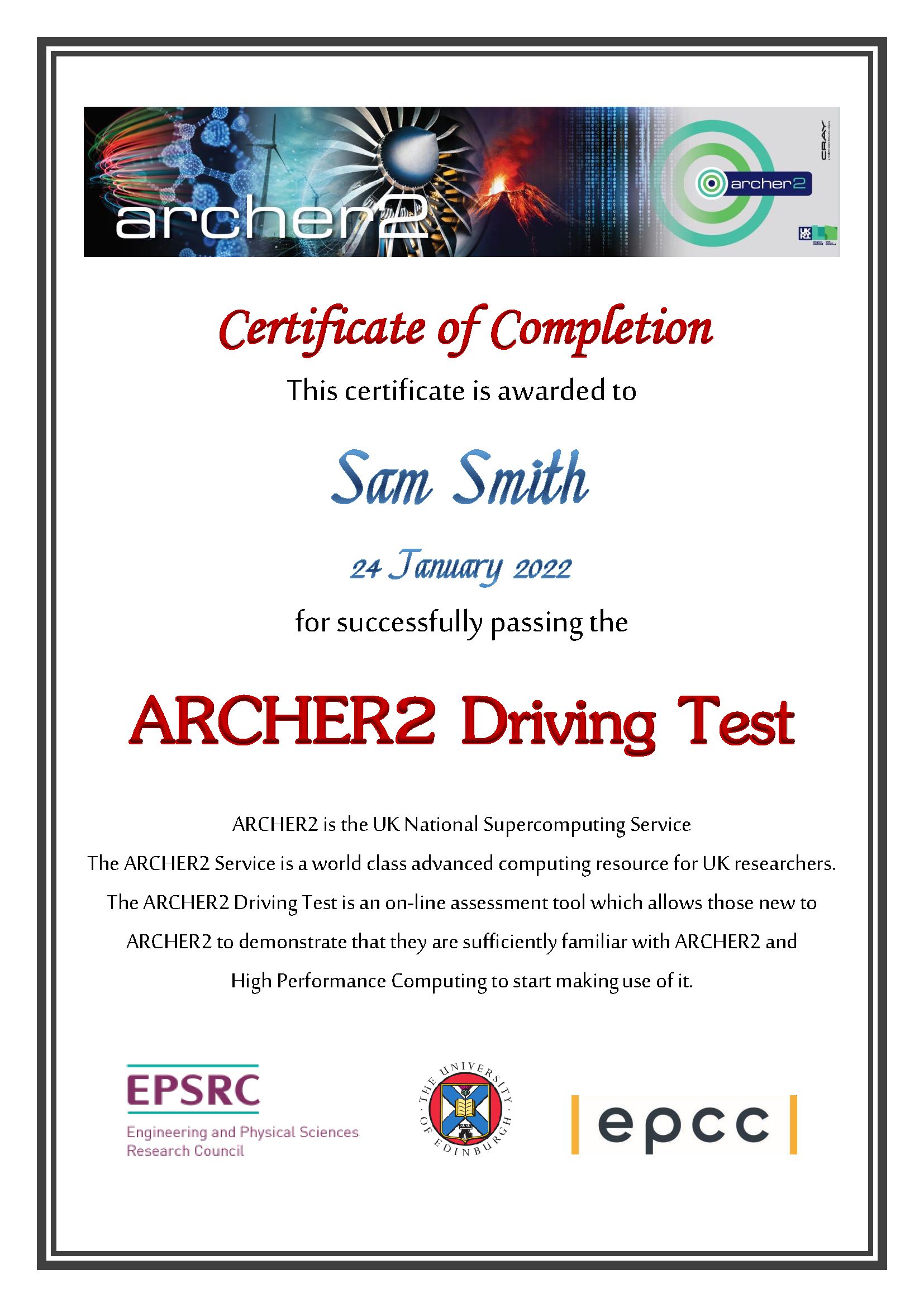 ARCHER2 Driving Test Certificate