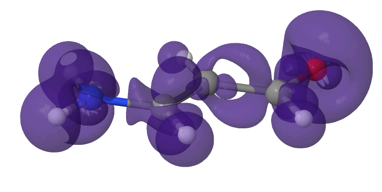 Difference in the electronic density of an organic molecule in a solvated environment compared to in vacuum.