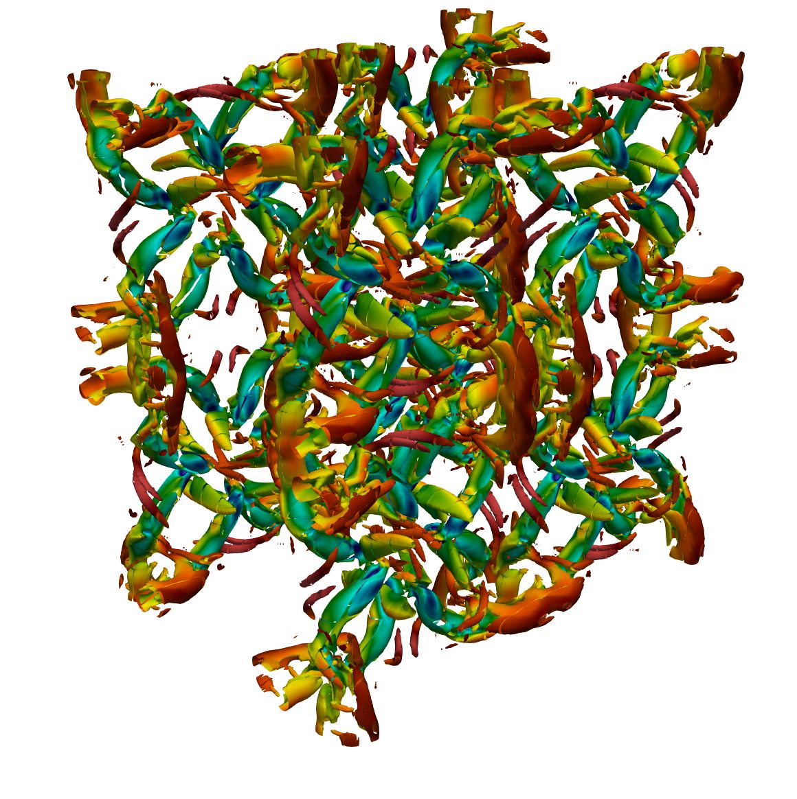 Visualising the Q-criterion of the Taylor-Green Vortex, coloured by pressure.