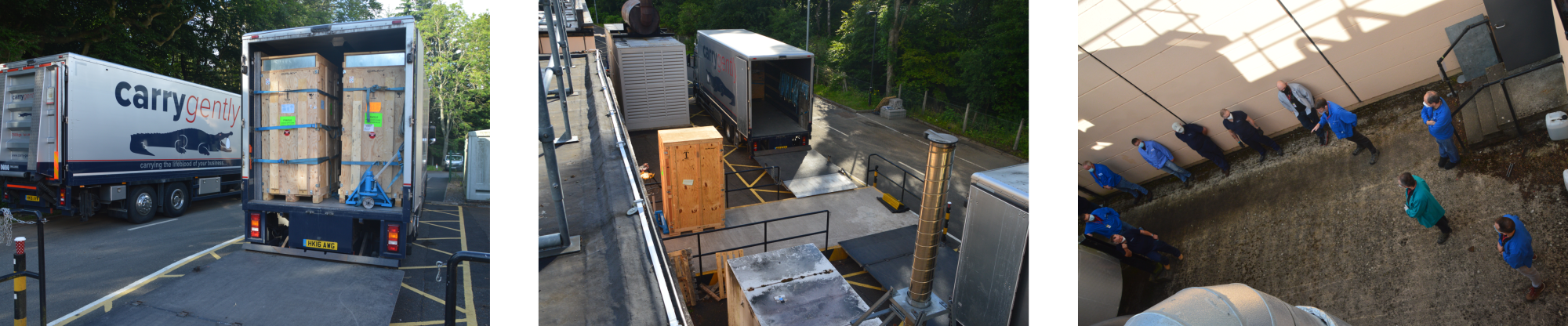 Packed lorry, arial view and team briefing